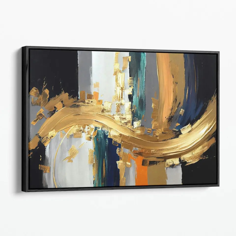 Abstract oil painting-golden elements, orange, gold, blue, knife painting I