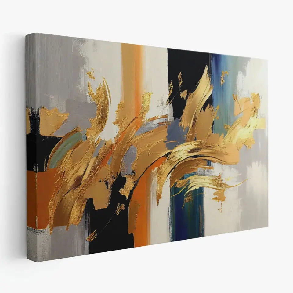 Abstract oil painting-golden elements, orange, gold, blue, knife painting II