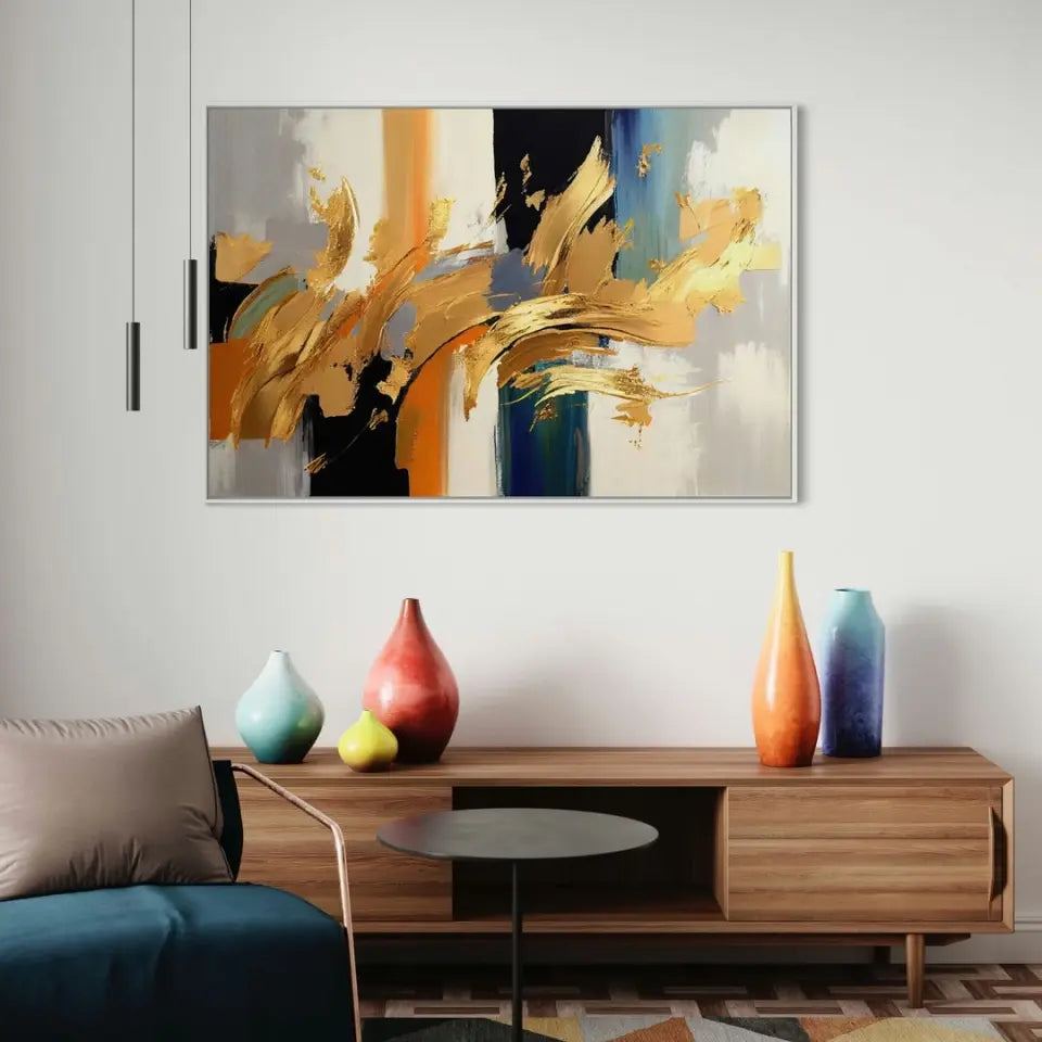 Abstract oil painting-golden elements, orange, gold, blue, knife painting II