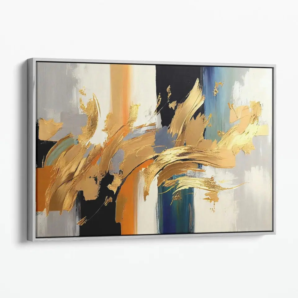 Abstract oil painting-golden elements, orange, gold, blue, knife painting II