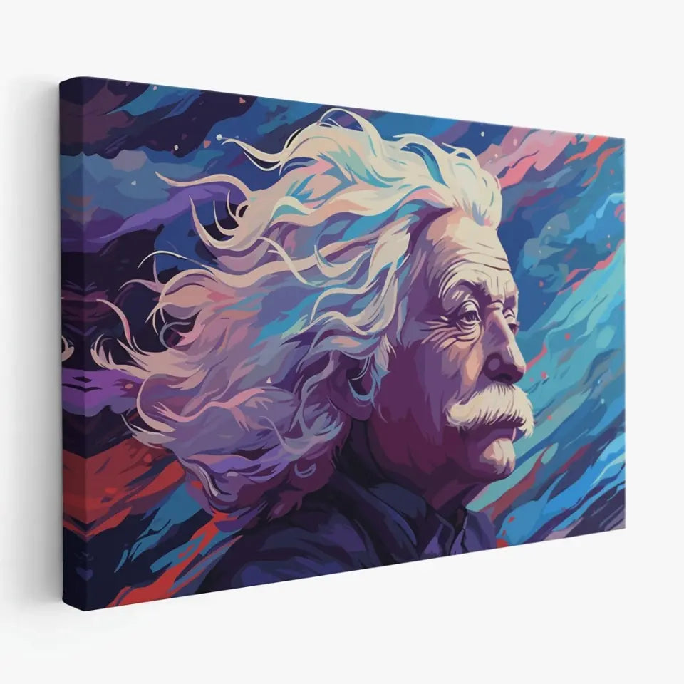 Portrait of Albert Einstein with long hair blowing freely in the cosmic wind