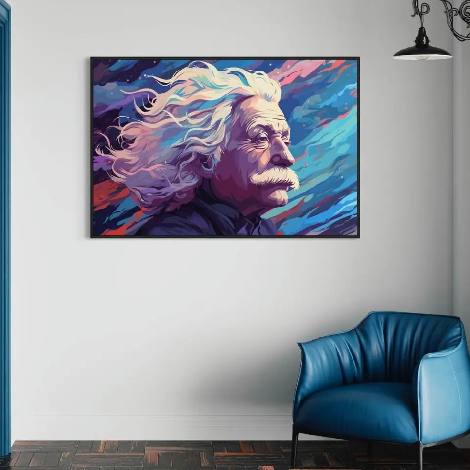 Portrait of Albert Einstein with long hair blowing freely in the cosmic wind