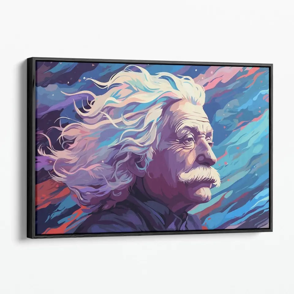 Portrait of Albert Einstein with long hair blowing freely in the cosmic wind