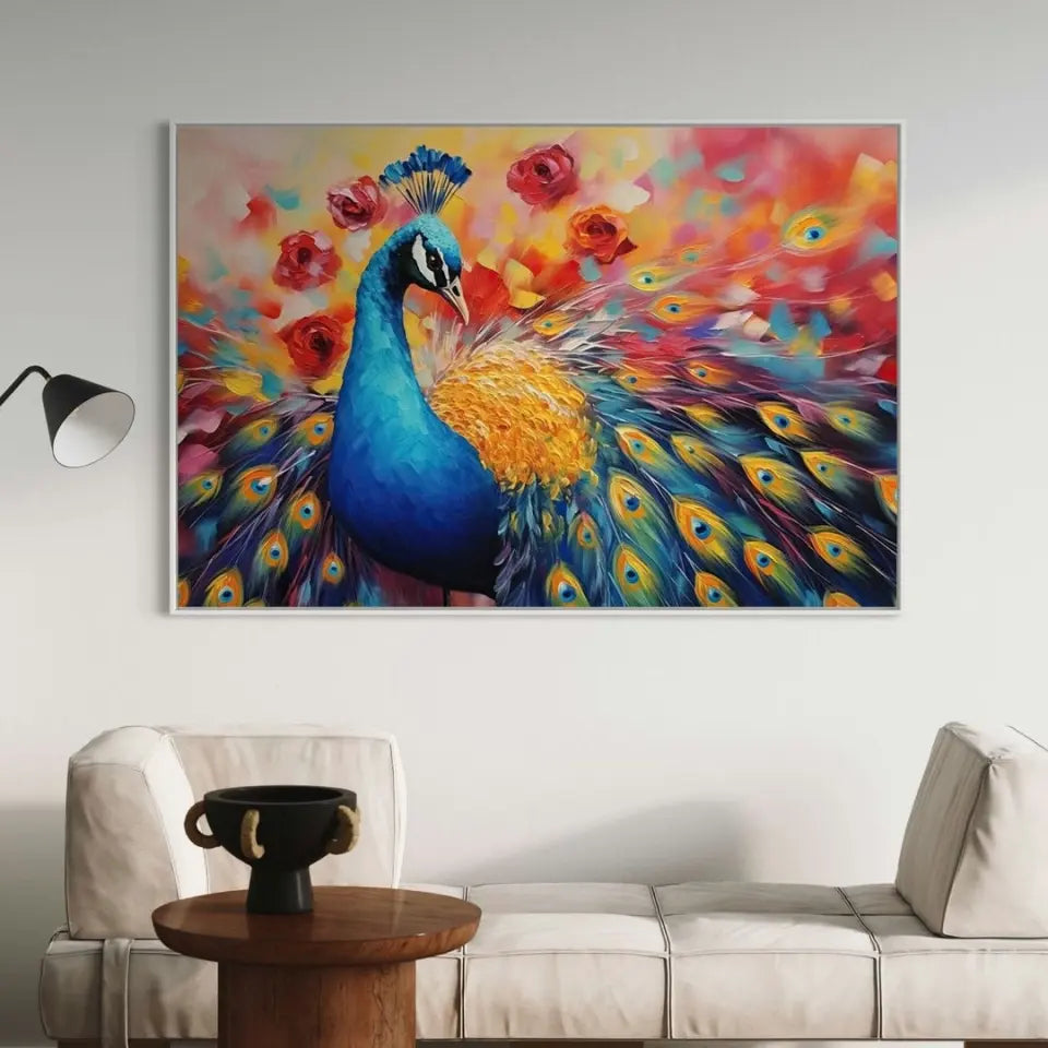 Oil painting of a multicolored peacock II