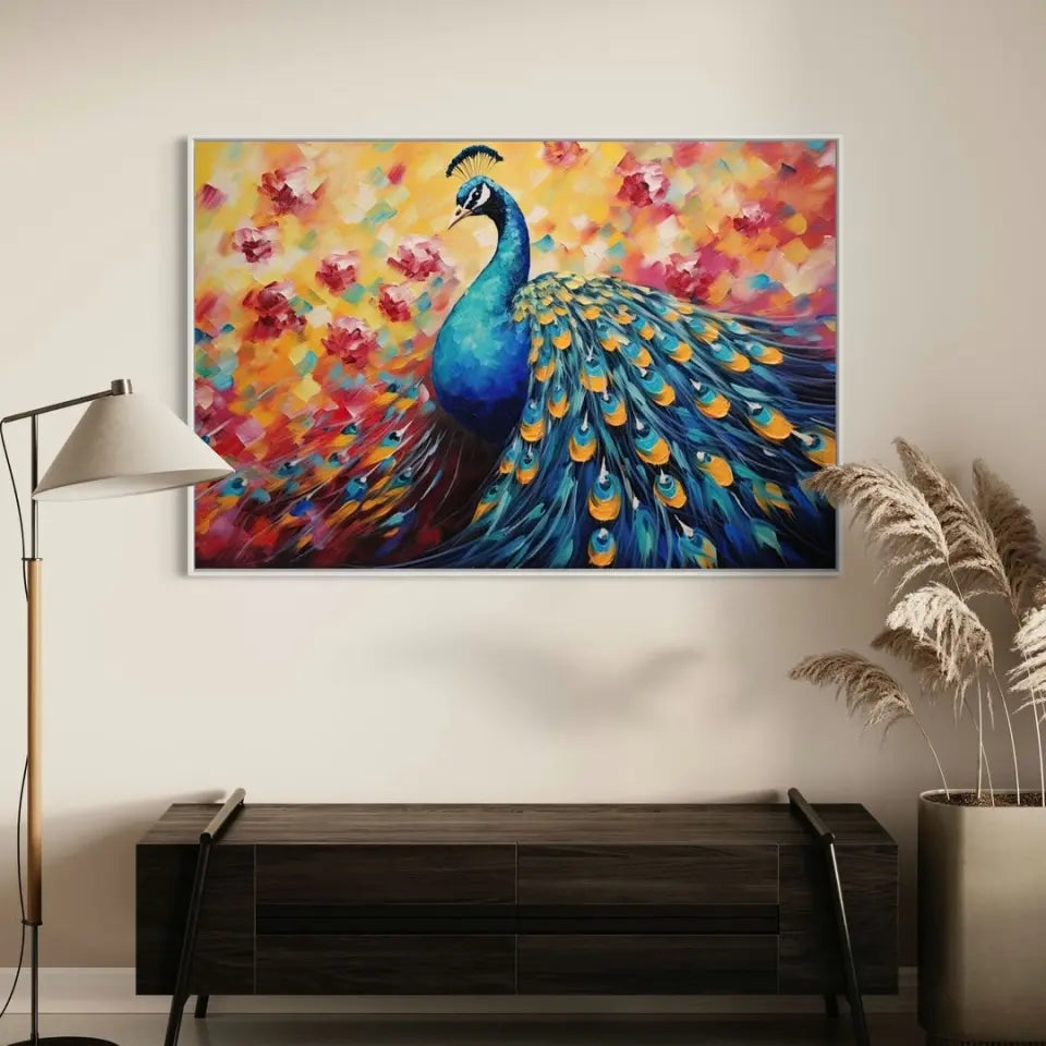 Oil painting of a multicolored peacock III