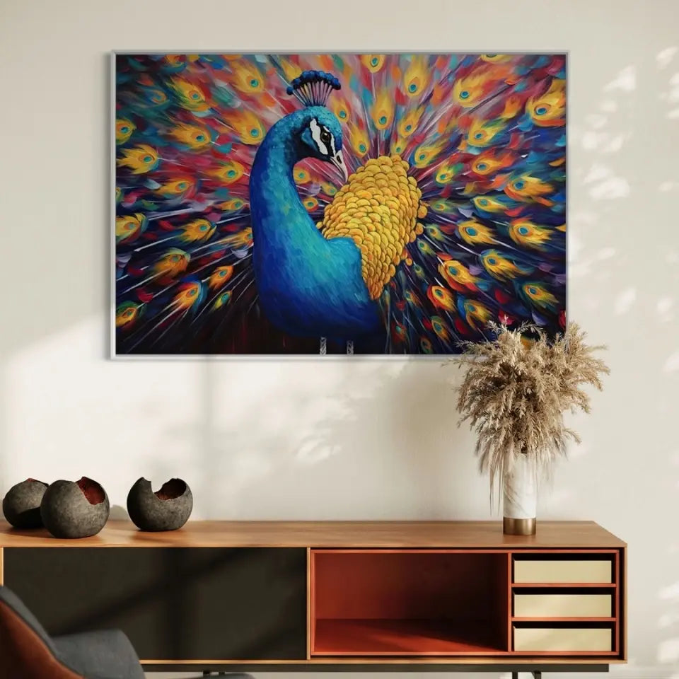 Oil painting of a multicolored peacock IV