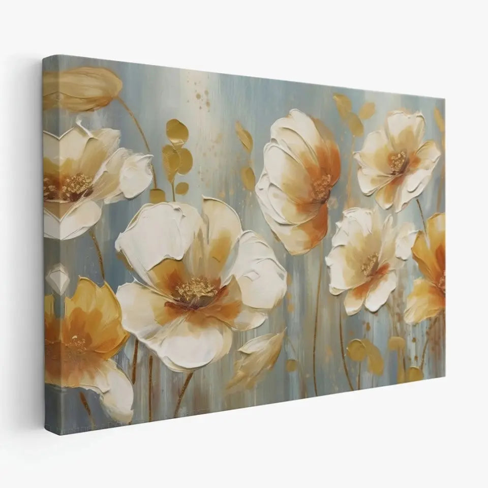 Orange, white and blue oil painting of flowers