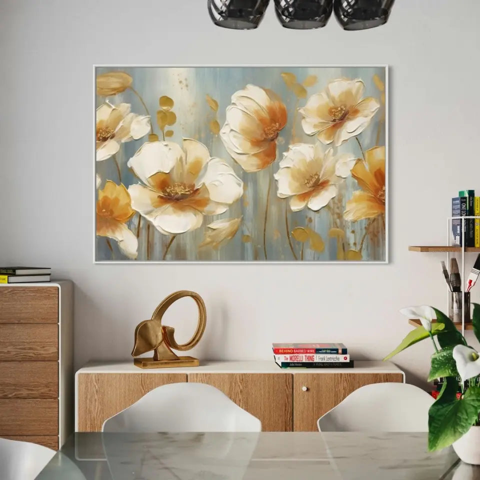 Orange, white and blue oil painting of flowers