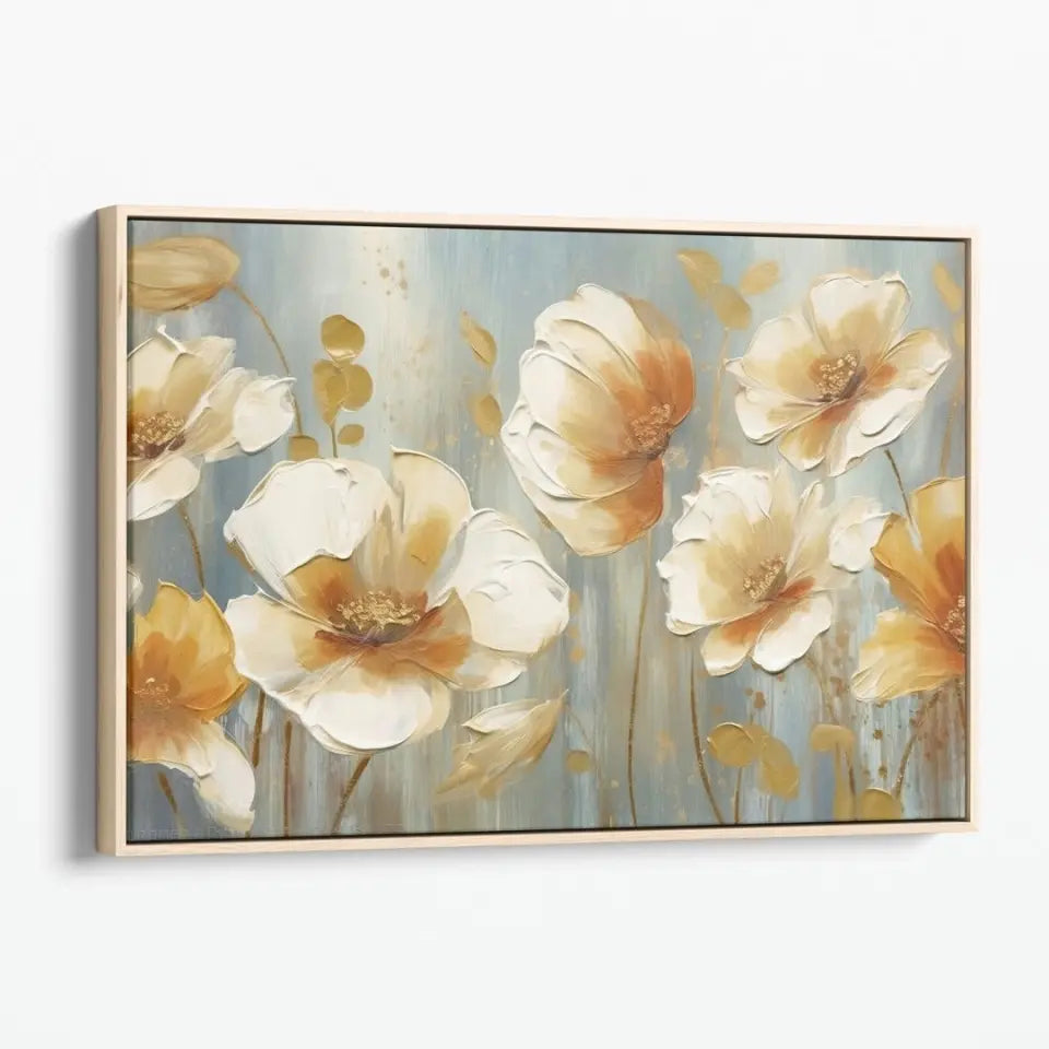 Orange, white and blue oil painting of flowers