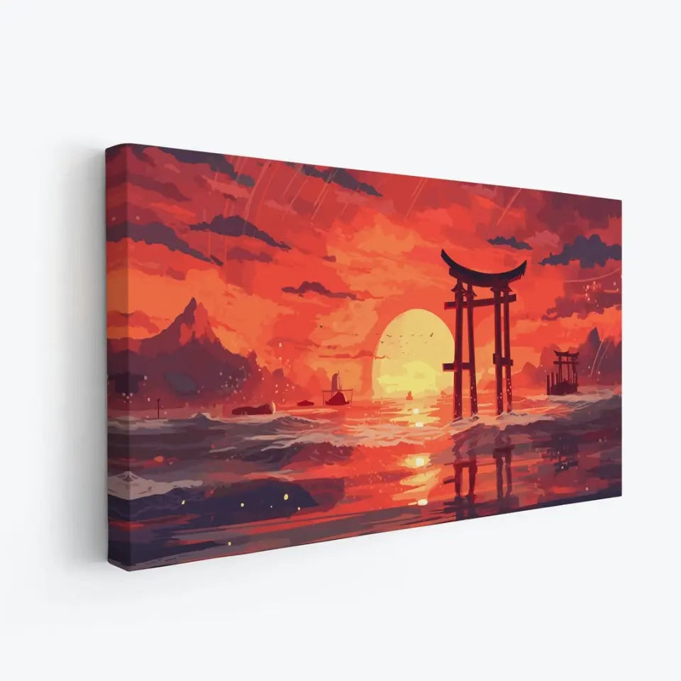 Japanese shinto art of yore hana-sunrays shine in red and gold