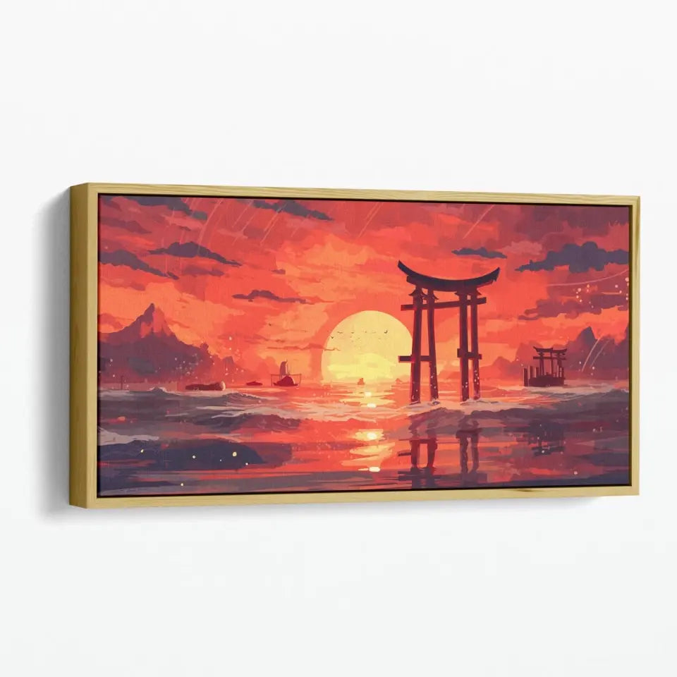 Japanese shinto art of yore hana-sunrays shine in red and gold