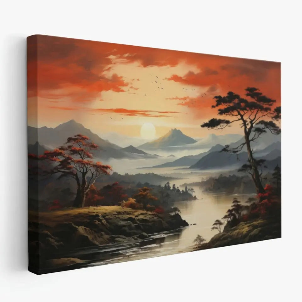 Mountain landscape with pine bonsai tree, clouds and sunset II