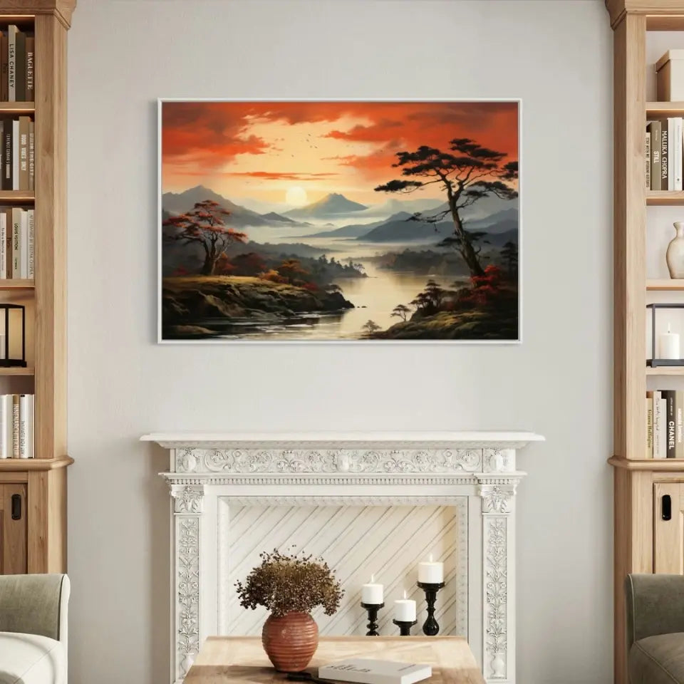 Mountain landscape with pine bonsai tree, clouds and sunset II