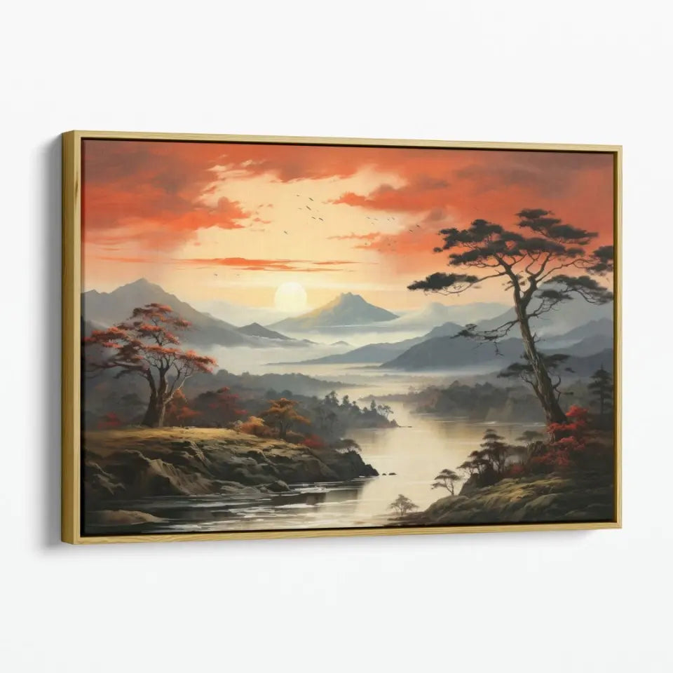 Mountain landscape with pine bonsai tree, clouds and sunset II