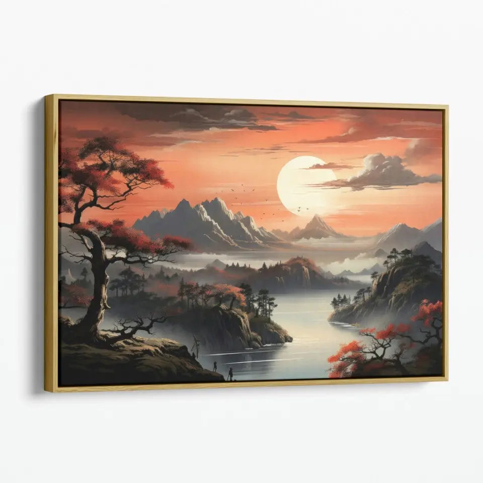 Mountain landscape with pine bonsai tree, clouds and sunset I