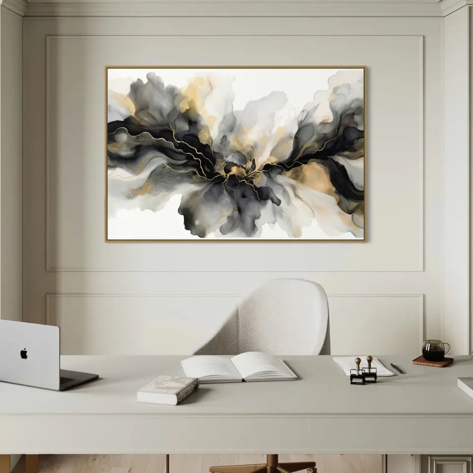 Luxury abstract fluid art in black, gray and gold