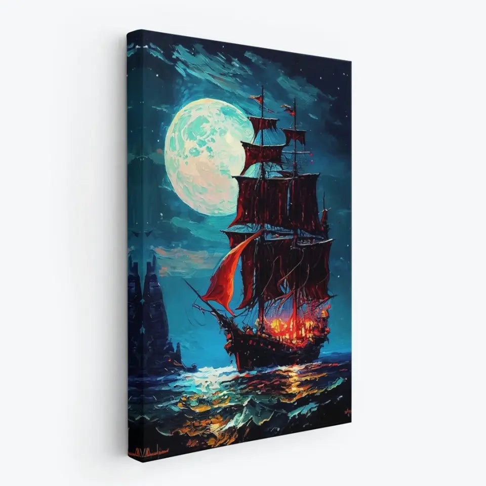 Mystic pirate ship with red sails sailing in the night on sea