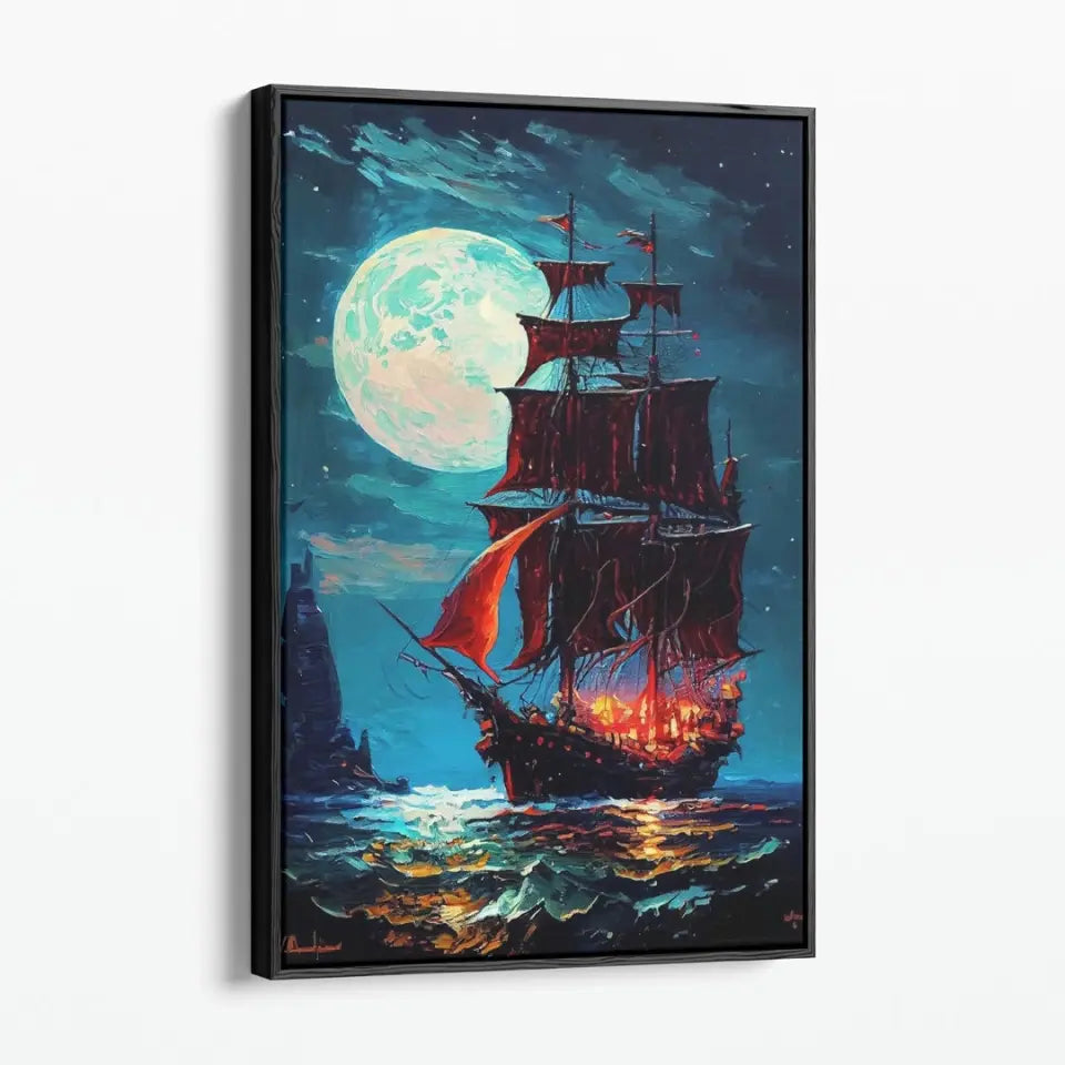 Mystic pirate ship with red sails sailing in the night on sea