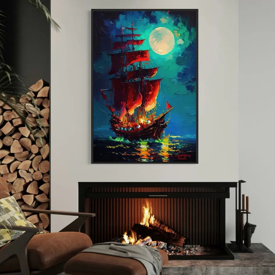 Mystic pirate ship in front of luminous moon