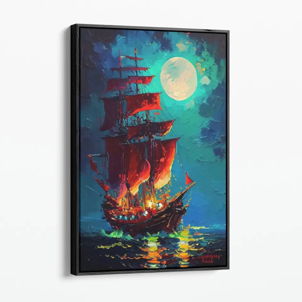 Mystic pirate ship in front of luminous moon