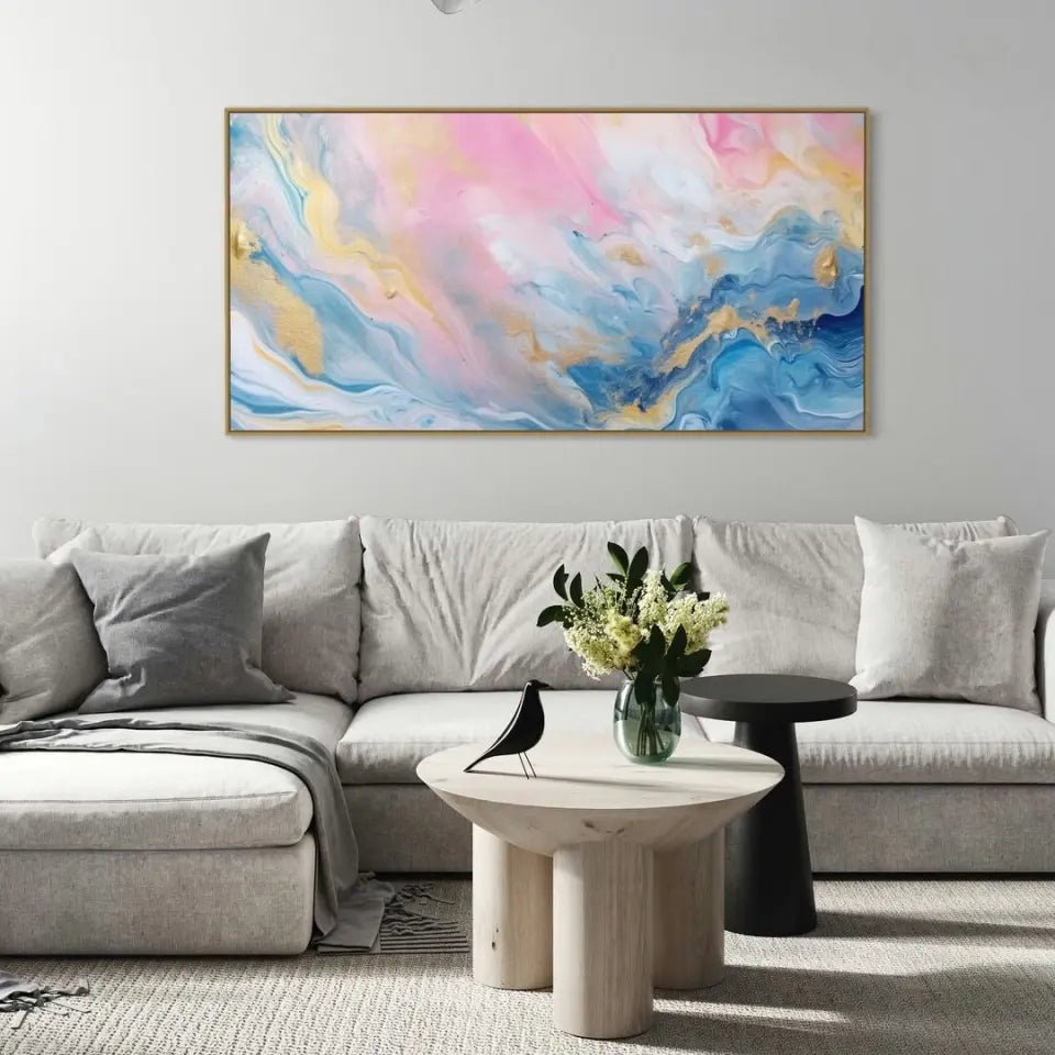 Abstract watercolor painting in pink blue and gold II