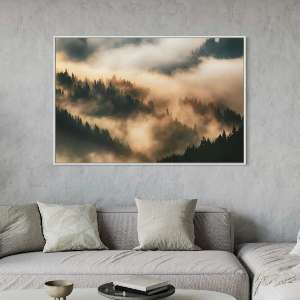 Misty landscape with mountains and fir forest