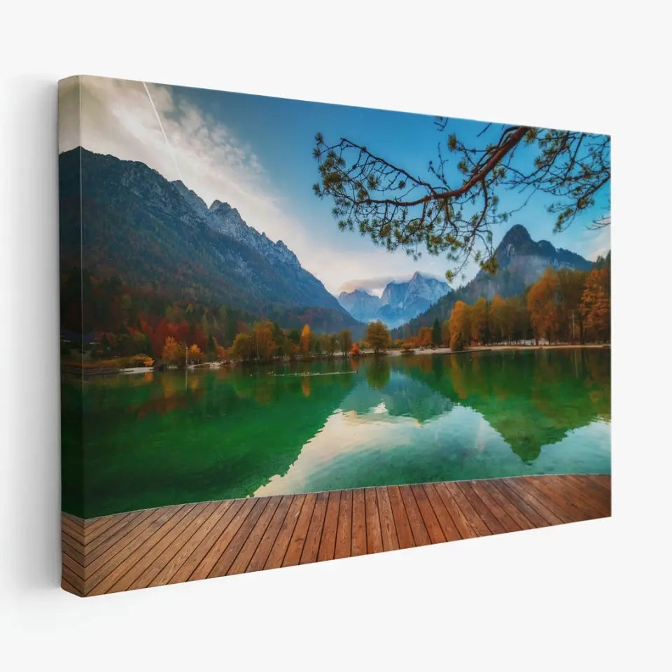 Jasna lake with beautiful mountains and wooden pier