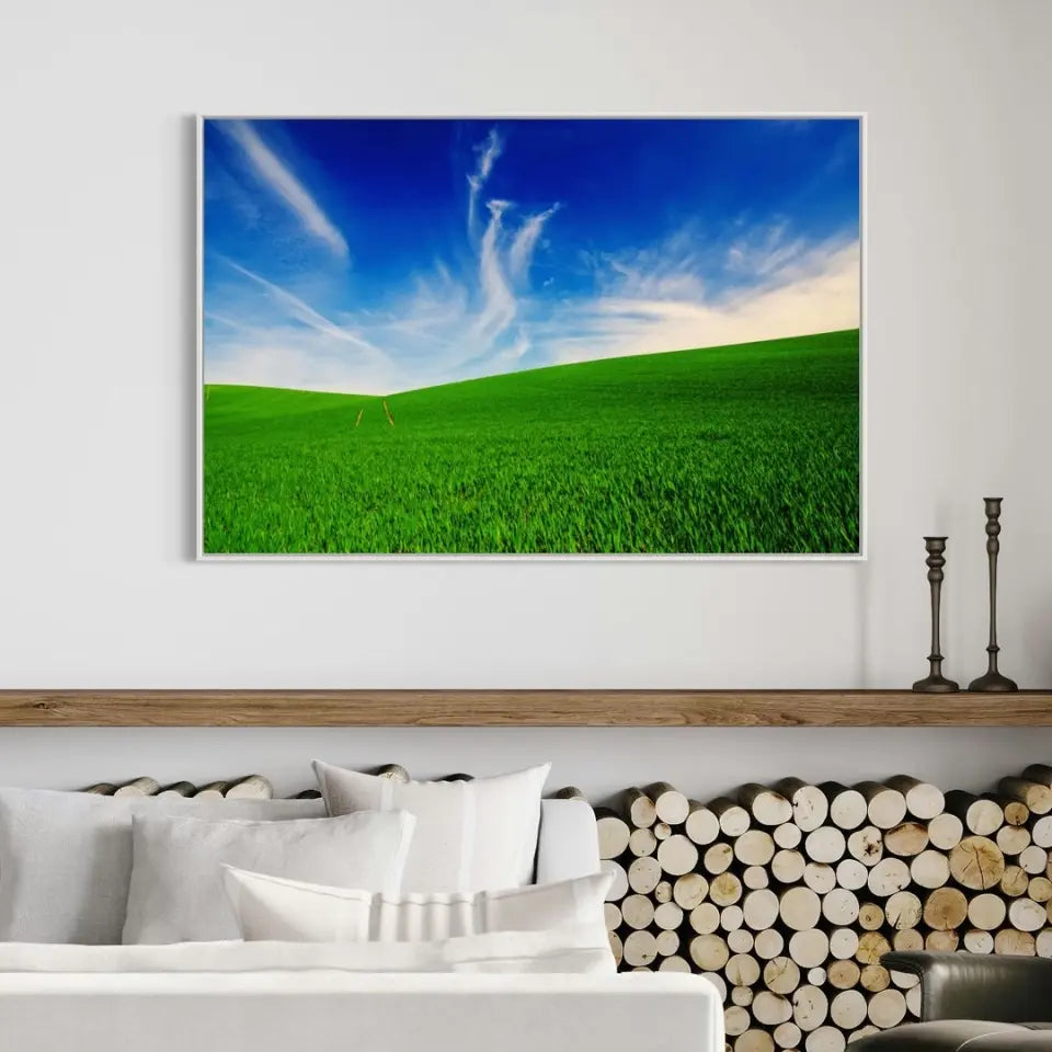Idyllic landscape with green grass and cloudy blue sky