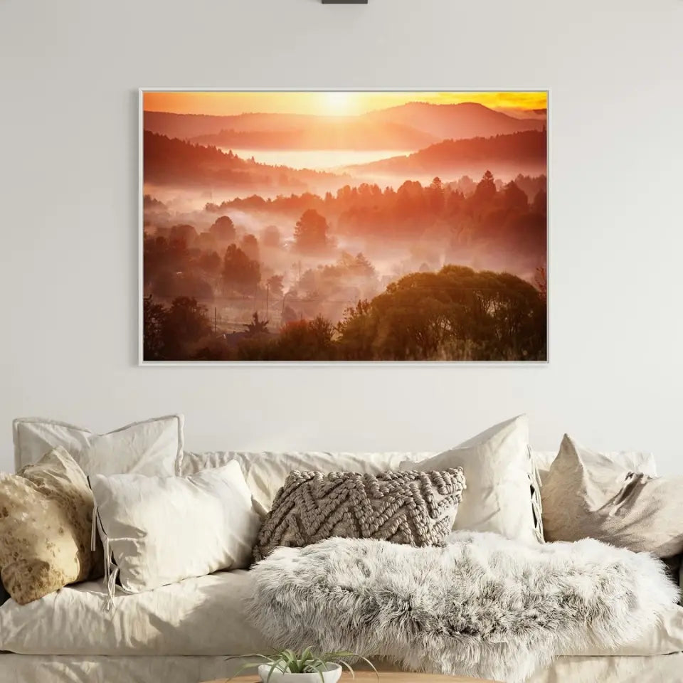 Foggy morning landscape with mountain range and misty forest