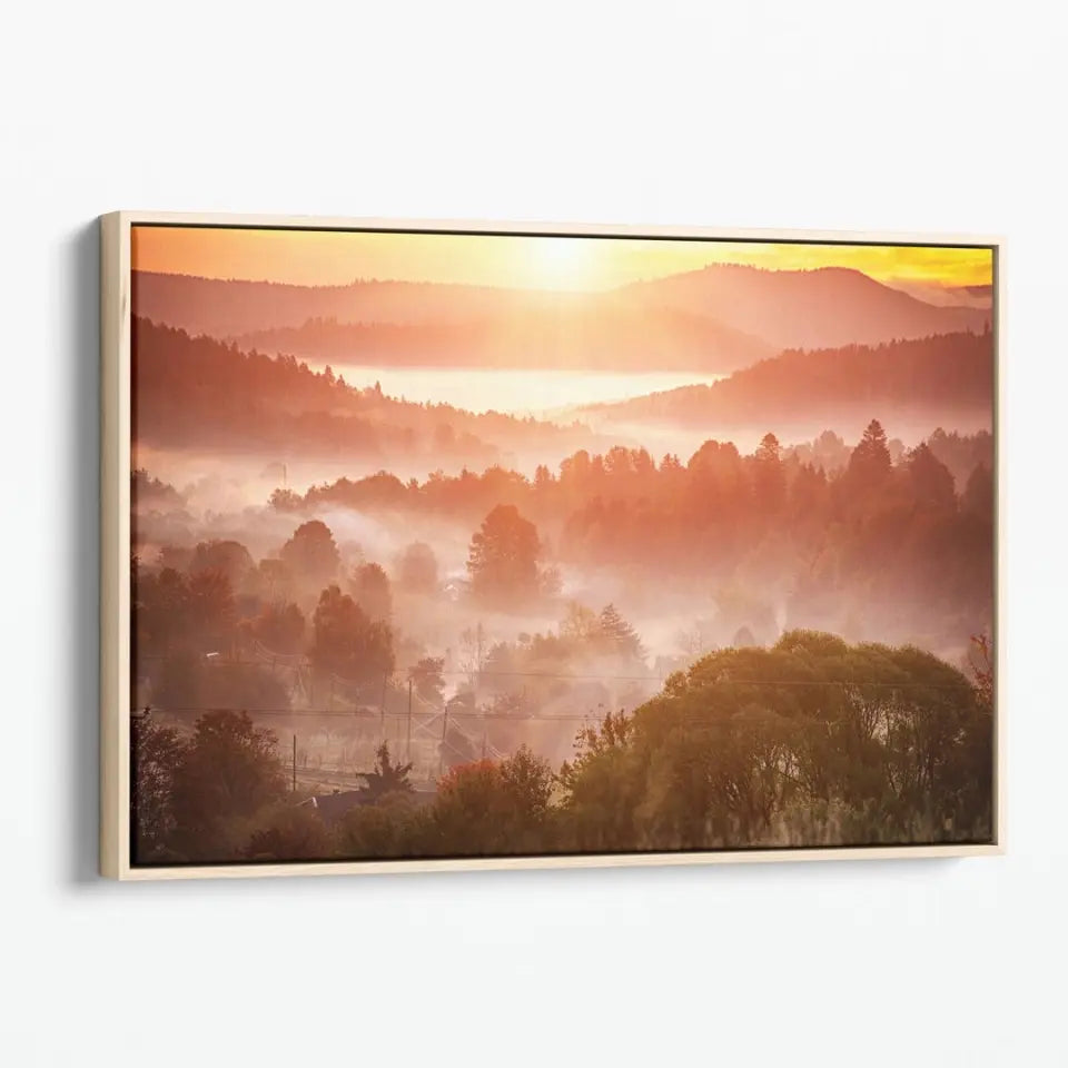 Foggy morning landscape with mountain range and misty forest