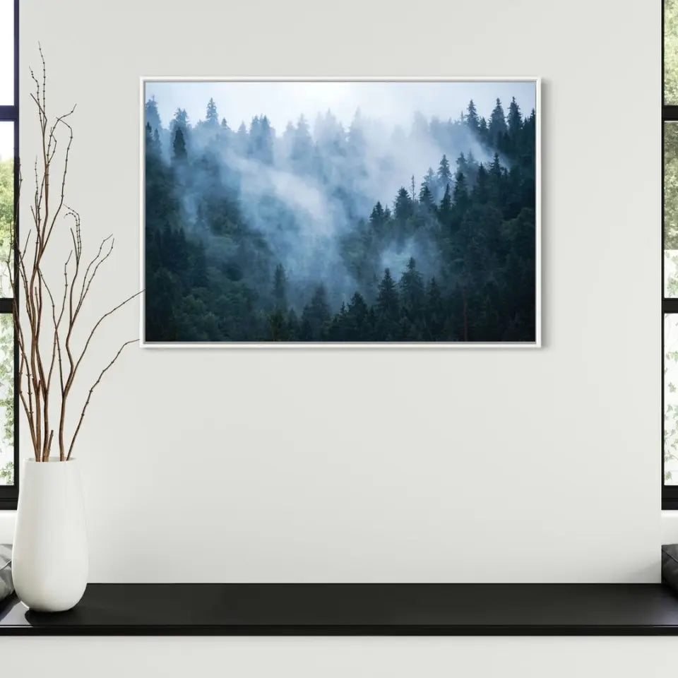 Fir forest in foggy landscape