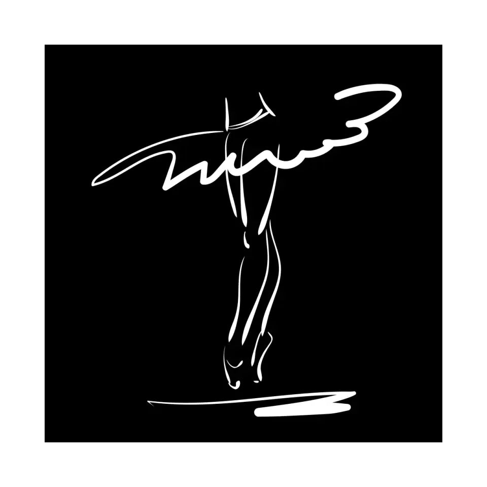 Legs of a ballerina in a classical pose, white on black #B28